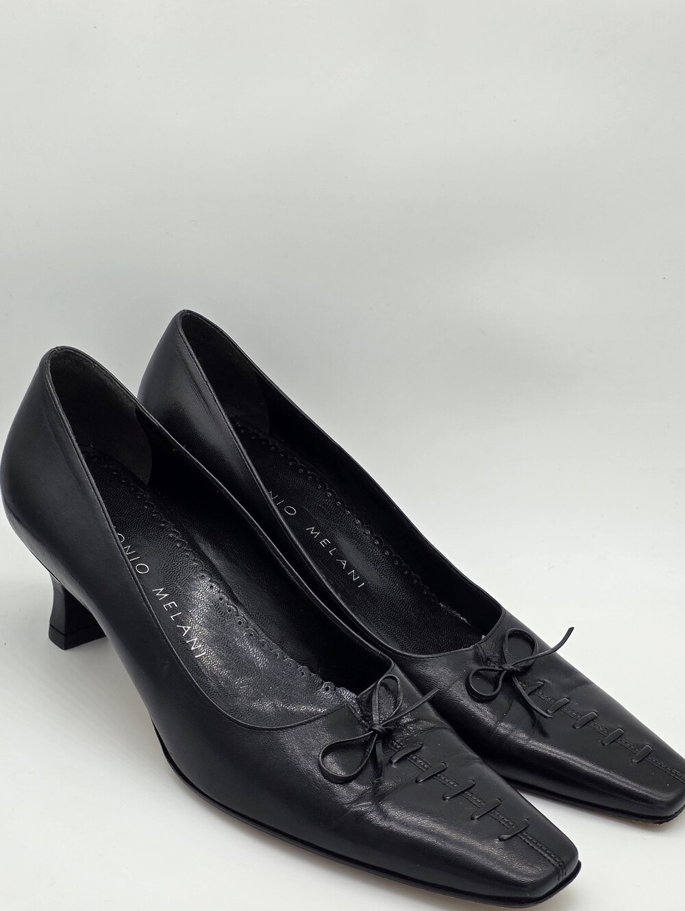 Antonio Melani Black Leather Square Toe Bow Kitten Heel Pumps Shoes Size 7.5 - Picture 15 of 16